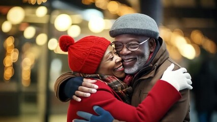 Joyful couple embracing in festive attire, surrounded by twinkling lights, capturing the warmth of love during Christmas, camera zooms in for intimate connection - Powered by Adobe