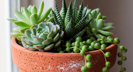 Natural succulent arrangement in clay pot with vibrant green leaves and trailing pearls