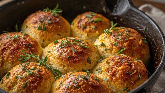 Golden, Round Breads with Herb Decoration in Black Cast Iron Pan CloseUp View. - Powered by Adobe