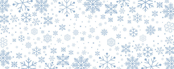 Seamless winter pattern with intricate blue snowflakes and tiny stars on white background. Ideal for holiday wrapping paper, seasonal decor, greeting cards, and festive design projects.