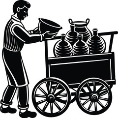 Vintage Farmer Silhouette Carrying Milk Cart with Bottles and Pails on White Background