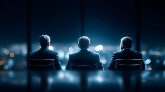 Three Business Professionals Silhouetted Against City at Night