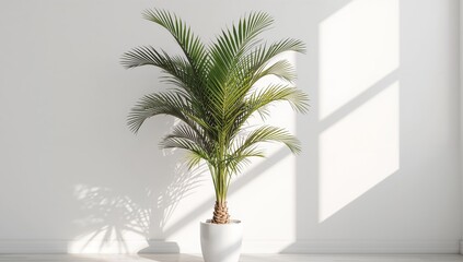 Fototapeta premium Green Palm Accent, Indoor, in a Minimalist Setting Sunlight and White Textures Play.