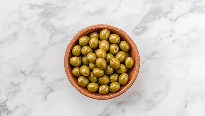 Green Sphere Collection in Wooden Bowl, Glossy Surface and Marble Texture Backdrop.