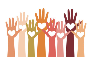 Fototapeta premium Diverse hands raised with heart symbols, representing unity, support, and community care