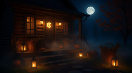 A cozy wooden cabin illuminated by warm porch lights and lanterns under a bright full moon on a dark misty night creating a serene and inviting atmosphere