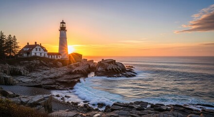 Golden Sunrise over Iconic Portland Head Light and Rocky Maine Coast