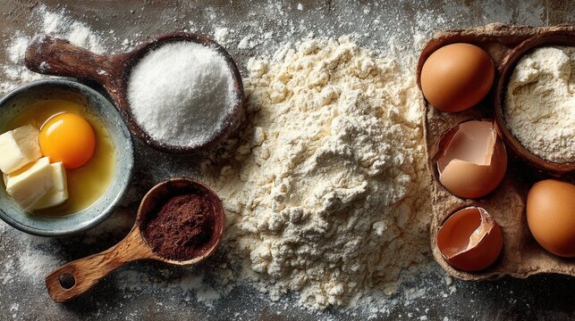 Overhead shot of cookie ingredients flour eggs butter and sugar scattered on baking surface