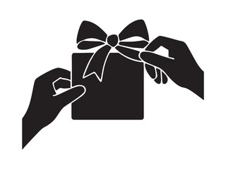 Hands tying a bow on a gift box silhouette, a vector icon for holidays and celebrations, isolated on a white background