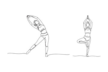 Two figures performing yoga poses in line art style