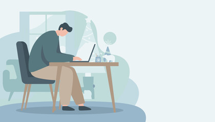 Man working on laptop in cozy winter home office with Christmas decor Remote work concept