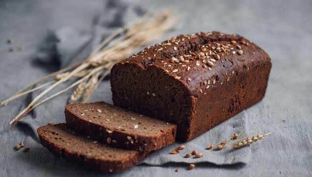 Loaf of Seeded Bread, Sliced, Against a Textured Gray Linen Backdrop in Soft Lighting.