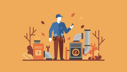 HVAC technician repairing heating system in autumn Boiler maintenance service illustration