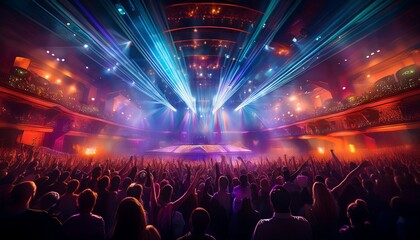 crowded concert hall filled with vibrant lights and energy generative ai