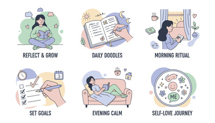 Wellness routine icons selfcare reflection goal setting journaling and relaxation moments