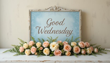 Elegant floral arrangement with soft pastel roses and ferns below a vintage framed good wednesday