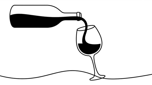 A minimalist black and white line art illustration of a wine pouring scen