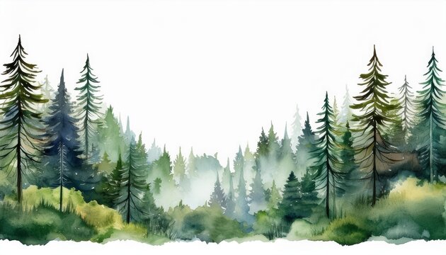 features a watercolor forest landscape border with a white background