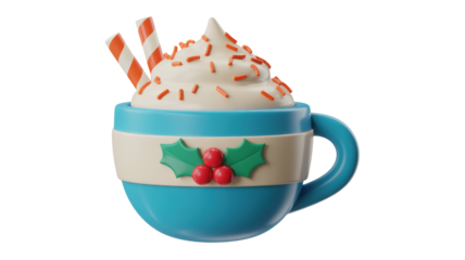 Festive christmas hot chocolate with whipped cream and candy canes in a blue mug decorated with holly and berries isolated on transparent background