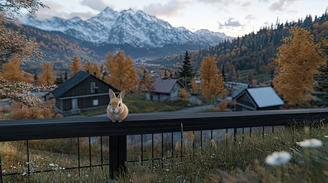 A small rabbit stands in a vibrant green valley, surrounded by fresh plants, basking in the bright warmth of the sun - Powered by Adobe