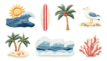 Naklejka premium Colorful Surf and Sea Inspired Stickers Featuring Palm Trees and Waves