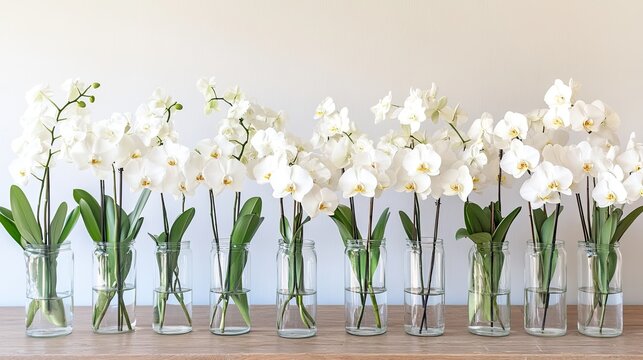 Minimalist orchid arrangement features multiple Phalaenopsis flowers in vertical glass tubes filled with water, highlighted by studio lighting - Powered by Adobe