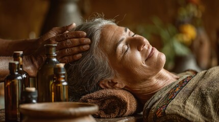 An elderly woman with gray hair enjoys a relaxing head massage. Essential oils and herbal bottles are placed nearby, creating a serene atmosphere.