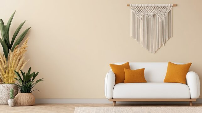 Relax in a boho-style living room featuring a cozy white sofa, macrame wall art, and lush greenery against a light beige backdrop