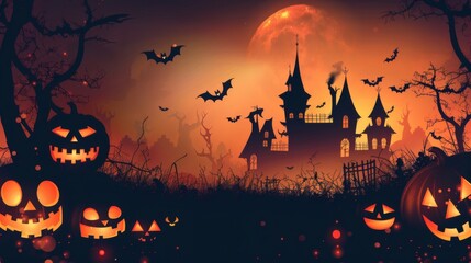 Spooky Halloween night with haunted house, glowing pumpkins, bats flying against a vibrant orange full moon perfect for seasonal promotions and festive designs