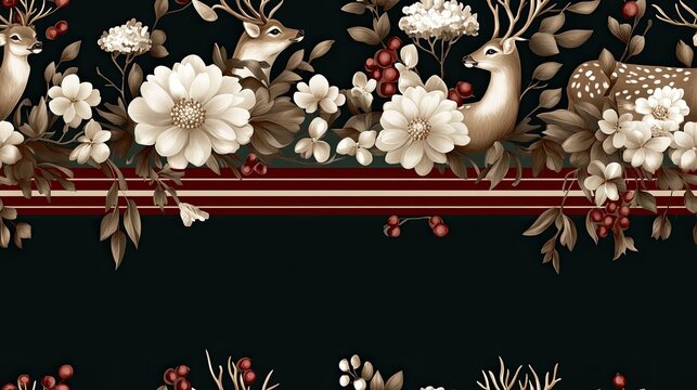Decorative vintage wallpaper showcases elegant deer and detailed floral elements against a dark green backdrop, framed by red stripes SEAMLESS PATTERN