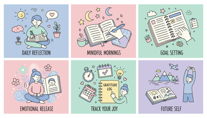 Obraz premium Mental wellness and selfcare routine vector set journaling reflection gratitude and goal setting