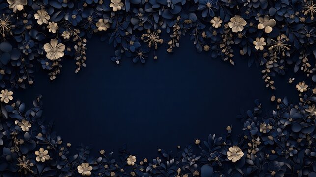 A collection of golden leaves rests gently against a dark blue wall, enhancing the simplicity and elegance of the setting