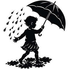Girl with Umbrella Silhouette Walking in the Rain Vector Illustration on White Background