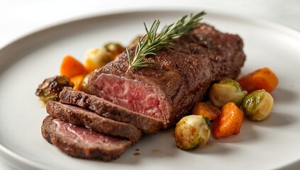 Roasted Meat Slice Presentation on White Plate with Vegetables and Herb Sprig Detail.