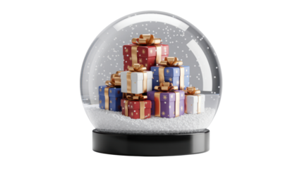 Festive christmas snow globe filled with colorful wrapped gift boxes and glitter isolated on transparent background