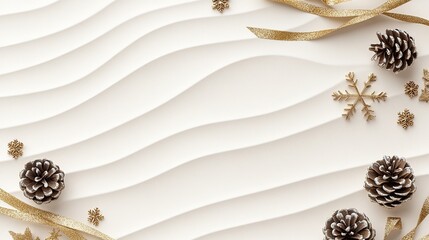This design offers a minimalist backdrop with wavy sand texture, complemented by a ribbon, snowflakes, and pine cones in a festive setting