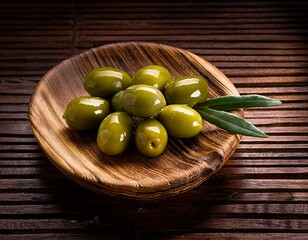 stylized green olives on slatted wooden plate