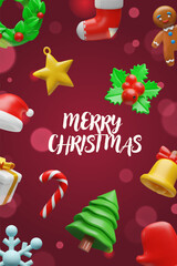 3D Christmas poster with colorful holiday elements including a wreath, stocking, gingerbread man, star ornament, holly berries, Santa hat, candy cane, gifts, bells, snowflakes, a Christmas tree.