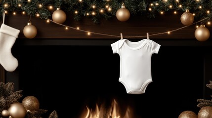 A white baby onesie is pinned to a clothesline in front of a decorated fireplace adorned with stockings and festive lights