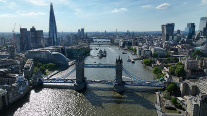 Aerial drone photo of iconic Tower Bridge and City of London skyline a true financial capital,...