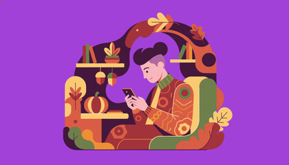 Man relaxing indoors using a smartphone in a cozy modern fall setting with autumnal decorations