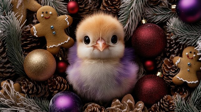 Fluffy peacock chick with white feathers and purple accents enjoys a festive atmosphere filled with Christmas cookies and presents