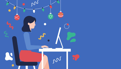 Professional working on computer amidst holiday decorations Festive remote work illustration