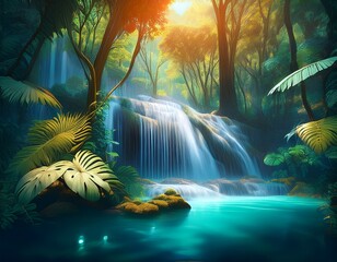 background of forest jungle with waterfall for nature cover for banner poster