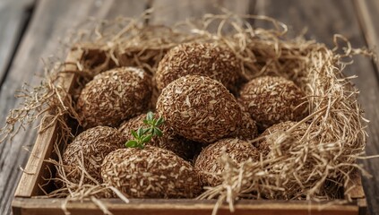 Obraz premium Spherical Forms Coated in Granular Texture, Resting in Wooden Box with StrawLike Material.