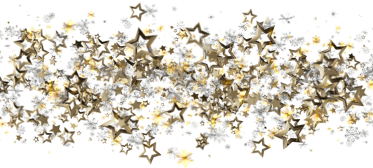 Festive background featuring golden star and snowflake confetti against a clean white backdrop. Perfect for holiday designs, party invitations,