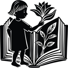 Reading Growth A Girl with Flower Emerging Book Silhouette Illustration on White Background