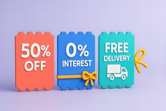 Creative Promotional Tags Featuring Discount Offers and Free Delivery on a Purple Background