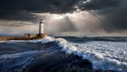 a dramatic lighthouse illuminates stormy seas guiding ships safely through turbulent waters under a dark cloudy sky