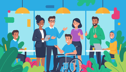 Diverse inclusive team collaborating happily in a modern office space or cafe setting